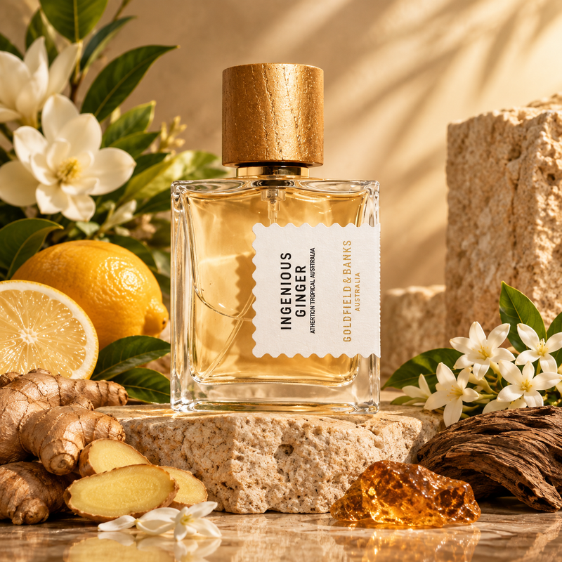 Goldfield And Banks Ingenious Ginger Eau de Parfum Spray by Goldfield And Banks - lifestyle shot highlighting the eau de parfum bottle details