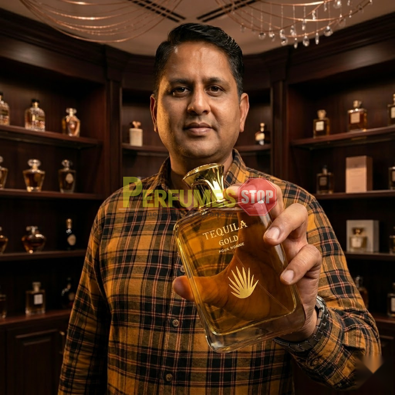 Tequila Gold Pour Homme by Tequila - lifestyle shot highlighting the eau de parfum bottle details