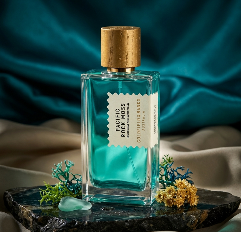 Goldfield And Banks Pacific Rock Moss Eau de Parfum Spray by Goldfield And Banks - lifestyle shot highlighting the eau de parfum bottle details