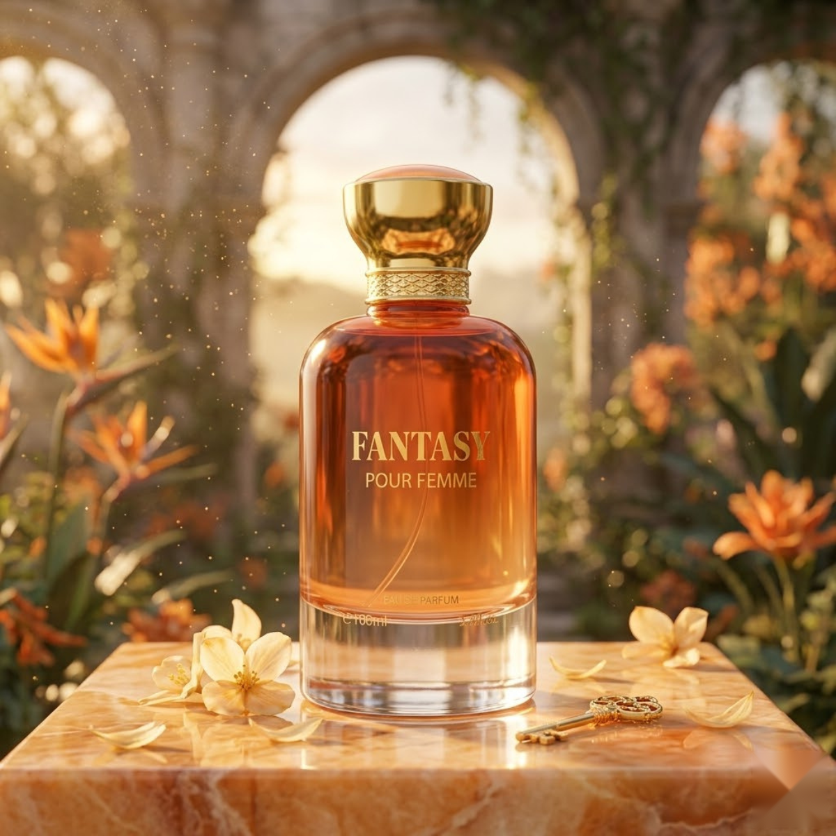 "Bharara Beauty Fantasy Pour Femme EDP Spray 3.4oz / 100ml orange perfume bottle displayed in a warm, elegant setting."