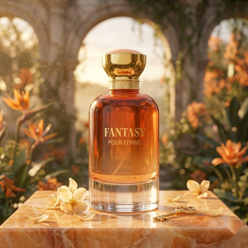 "Bharara Beauty Fantasy Pour Femme EDP Spray 3.4oz / 100ml orange perfume bottle displayed in a warm, elegant setting."
