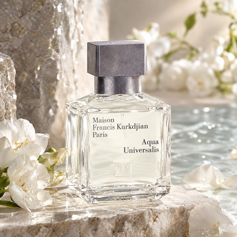 A clear glass perfume bottle with a matte silver cap, labeled Maison Francis Kurkdjian Paris Aqua Universalis, set on a stone surface with white flowers and a soft, bright background.