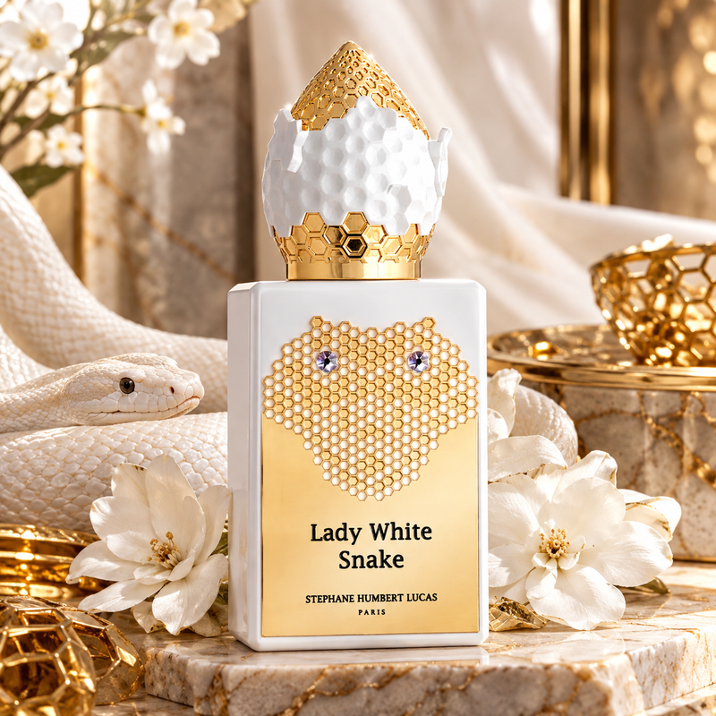A perfume bottle labeled 'Lady White Snake' by Stephane Humbert Lucas, styled with a white snake, white flowers, and gold decorative elements on a marble surface.