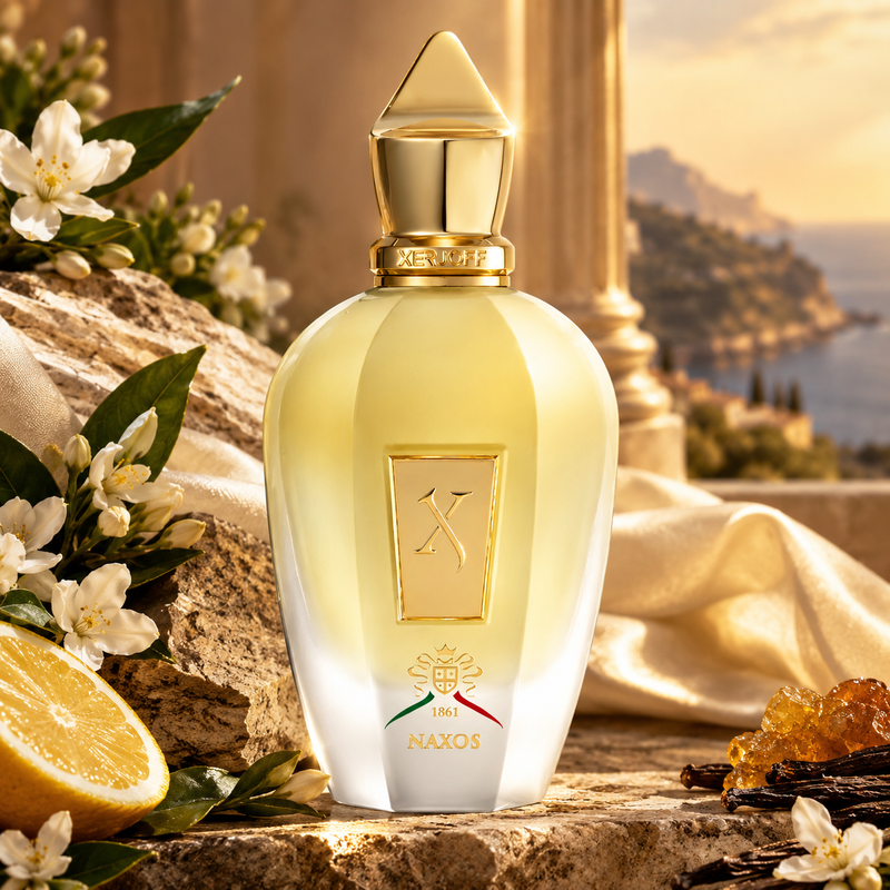 A faceted glass perfume bottle with a metallic gold cap and gold detailing, labeled NAXOS, set on a stone surface with white flowers, a lemon slice, and draped cream fabric. A scenic coastal background is visible behind it.