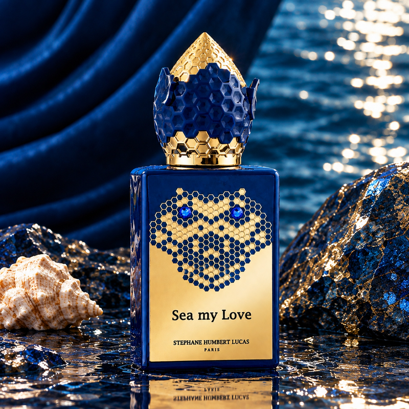 A bottle of Stephanie Hembert Lucas 'Sea my Love' perfume stands on a reflective wet surface with blue draped fabric, rocks, and a shell around it. The bottle is deep blue with a gold honeycomb-patterned face and cap, and the text 'STEPHANIE HEMBERT LUCAS PARIS' is visible on the front.