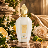 A white perfume bottle with a gold cap and gold front plaque, surrounded by flowers, citrus slices, green leaves, and draped satin in a warm, luxurious setting. The bottle features the brand name RENASSANCE and a stylized 'R' logo.