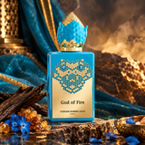 A perfume bottle labeled 'God of Fire' by Stephane Hombert Lucas Paris, featuring a bright blue body with a gold honeycomb heart design and a blue-and-gold crown-shaped cap, set against a dramatic background of blue drapery and warm golden rocks.