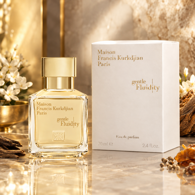 Maison Francis Kurkdjian Paris Gentle Fluidity perfume bottle with a gold cap next to its white box, styled on a reflective marble surface with warm dried flowers and wood in the background.