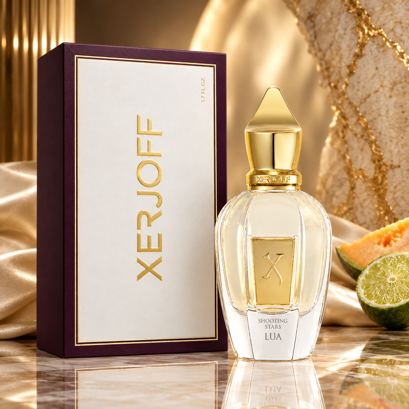 Xerjoff Shooting Star Lua perfume bottle with a gold cap and clear glass body, shown next to its dark purple and white box on a reflective surface with draped fabric and citrus slices in the background.