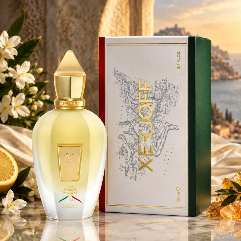 Naxos Xerjoff perfume bottle with a gold cap next to its green and white illustrated box, styled on a marble surface with a lemon, white flowers, and a scenic coastal background.