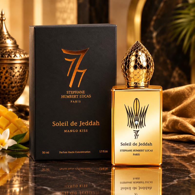 Stephane Humbert Lucas 777 Soleil de Jeddah Mango Kiss Eau de Parfum by Stephane Humbert Lucas - angled view showing bottle design and branding