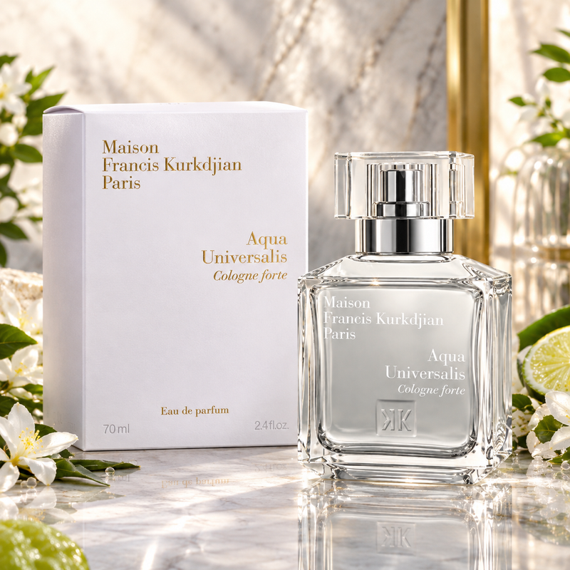 Maison Francis Kurkdjian Paris Aqua Universalis Cologne Forte perfume bottle and its white packaging box, styled on a marble surface with green leaves and lime slices.