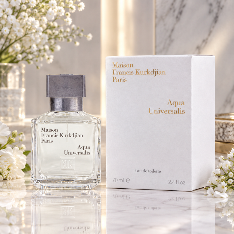 Maison Francis Kurkdjian Paris Aqua Universalis Eau de Toilette bottle and its white packaging box, styled on a reflective marble surface with white flowers.