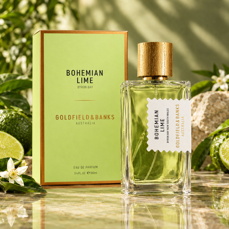 Goldfield And Banks Bohemian Lime Eau de Parfum Spray by Goldfield And Banks - angled view showing bottle design and branding