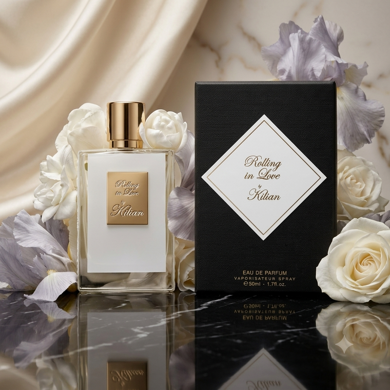 A perfume bottle with a gold cap and gold label stands beside its black packaging box with a white diamond label reading 'Rolling in Love Kilian.' The bottle and box are styled with white and pale lavender flowers on a reflective dark marble surface, with draped satin fabric in the background.