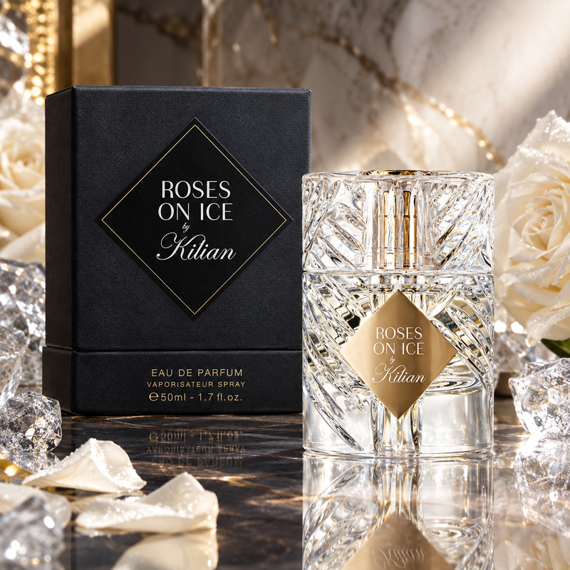 Kilian Roses on Ice Eau de Parfum by Kilian - angled view showing bottle design and branding