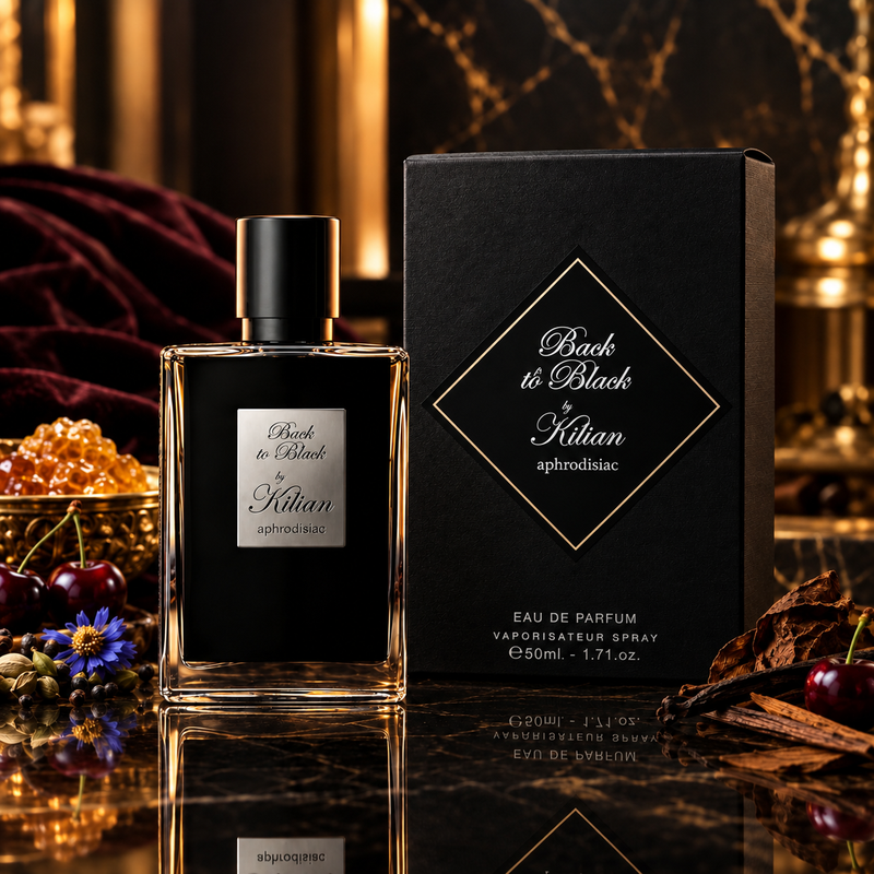 Kilian Back to Black Eau de Parfum by Kilian - angled view showing bottle design and branding