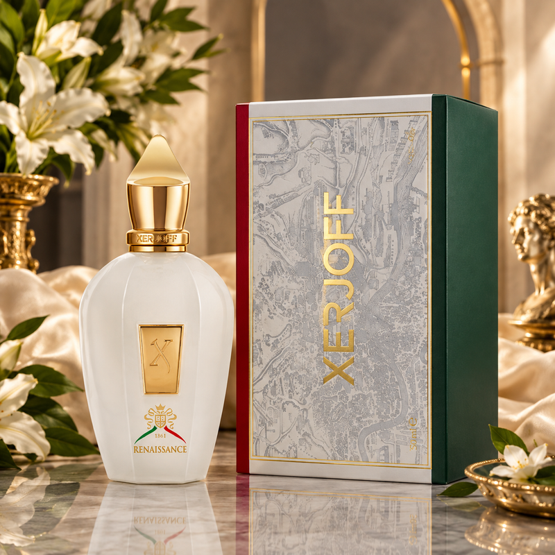 A bottle of Xerjoff Renaissance perfume with a white body and gold cap stands beside its box on a reflective surface. The box is white with gold lettering and a dark green side panel, surrounded by elegant floral and satin props.