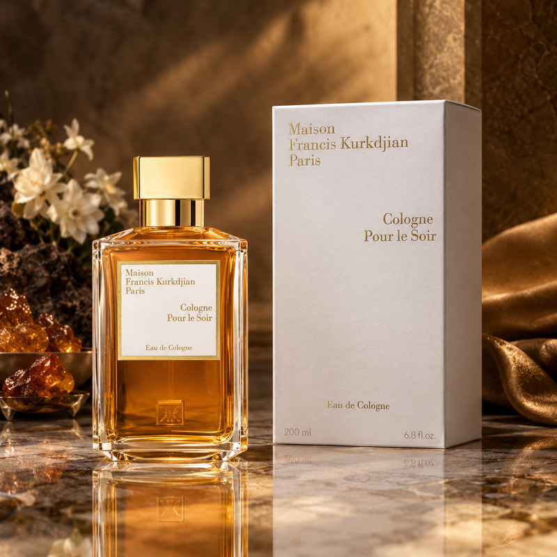 Maison Francis Kurkdjian Cologne Pour Le Soir Eau de Cologne by Maison Francis Kurkdjian - angled view showing bottle design and branding