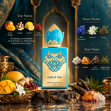 A perfume bottle labeled 'God of Fire' by Stephane Huminet Lucas Paris, styled with fruits, spices, and crystals against a dark teal and gold background with text detailing its top, heart, and base notes.
