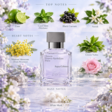 A perfume bottle labeled Maison Francis Kurkdjian Paris Aqua Celeste stands in the center of a floral, water-themed fragrance graphic. The bottle is clear glass with pale lavender liquid and a silver cap.