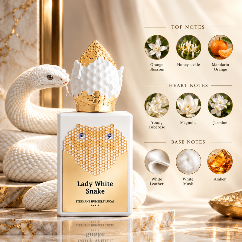 A perfume bottle labeled 'Lady White Snake' by Stephane Hembert Lucas Paris, styled with a white and gold snake and surrounded by scent note graphics on a marble surface.