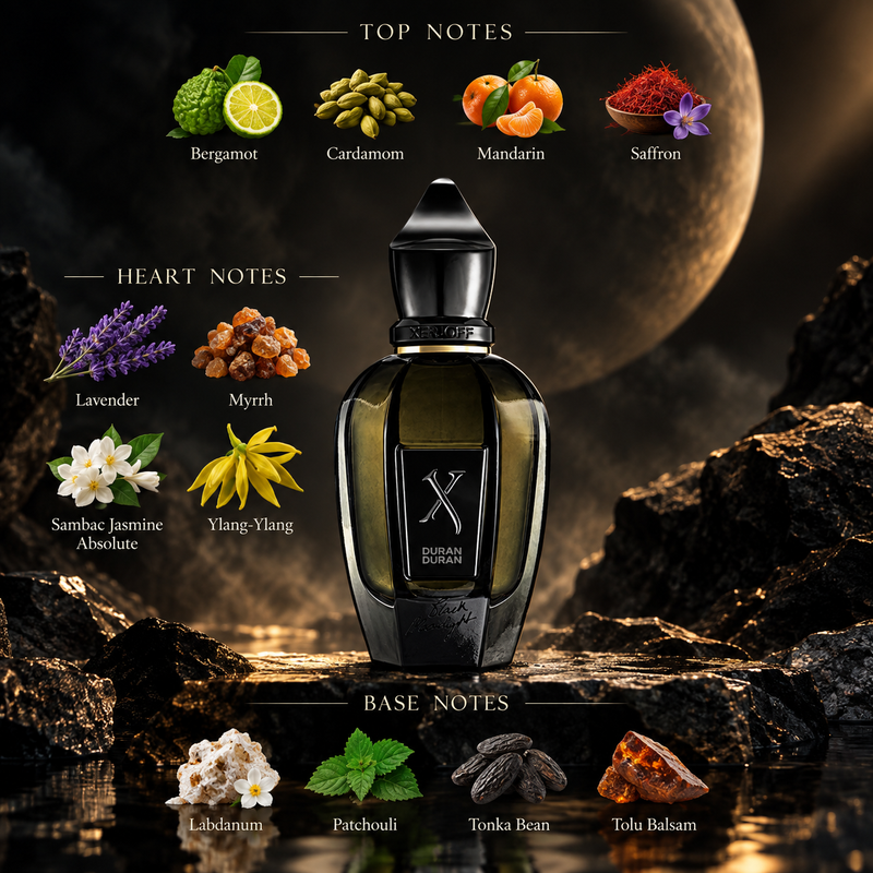 A dark amber glass perfume bottle labeled 'X DOLIAN REMEMBER' stands centered on a rocky surface with a large moon in the background. Surrounding the bottle are labeled scent notes: Top Notes Bergamot, Cardamom, Mandarin, and Saffron; Heart Notes Lavender, Myrrh, Sambac Jasmine Absolute, and Yang-Yang; Base Notes Libidum, Patchouli, Tonka Bean, and Tolu Balsam.