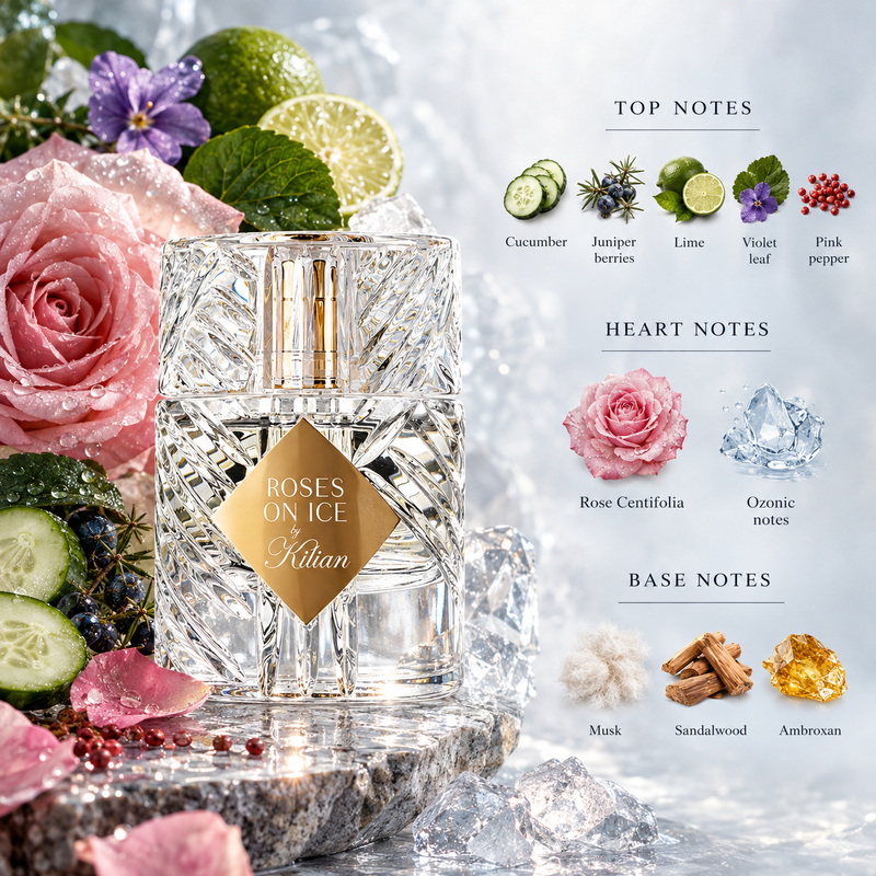 Kilian Roses on Ice Eau de Parfum by Kilian - front view of the unisex eau de parfum bottle