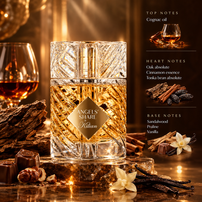 Angels' Share Kilian fragrance bottle in a warm amber-toned studio setting with whiskey glass, wood bark, chocolate, vanilla flowers, and scent notes text on the right.