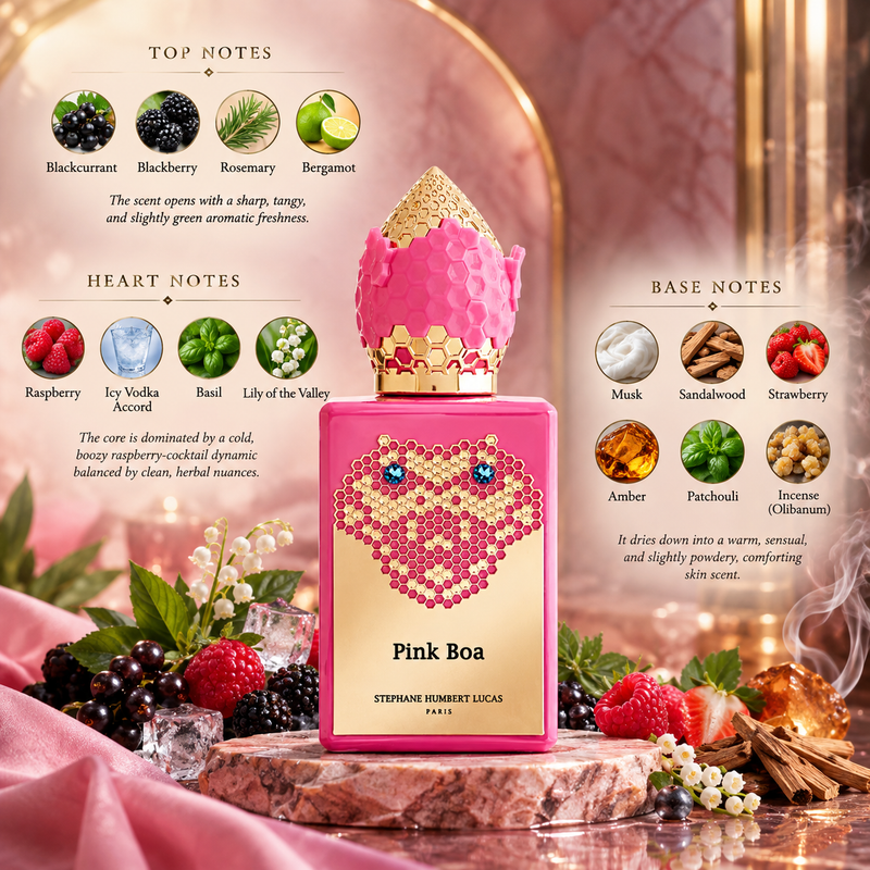 A perfume bottle labeled 'Pink Boa' by Stephane Hymery Lucas, styled on a pink reflective surface with fruit and botanical notes overlaid. The bottle is bright pink with a gold heart pattern and a pink crown cap.