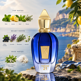 A cobalt blue perfume bottle with a gold cap and gold label stands on a stone ledge with a scenic coastal background. Text on the left lists fragrance notes: top notes include mint, lemon, basil, and thyme; heart notes include black currant, lavender, rosemary, and jasmine; base notes include lemon verbena, vervaish, and musk.