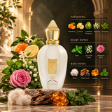 A white perfume bottle with a gold cap and gold Renaissance logo stands on a stone pedestal surrounded by roses, citrus, mint, amber, and crystals. To the right, text lists the fragrance's top notes (Mandarin, Lemon, Calibrant Bergamot, Petrichor), heart notes (Mint, Life of the Valley, Bulgarian Rose), and base notes (Musk, Cedarwood, Amber, Patchouli) with small illustrated icons.