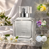 Maison Francis Kurkdjian Aqua Universalis Cologne forte perfume bottle in a clear glass square design with a silver cap, displayed on a marble surface with white flowers and a draped white fabric background. Text overlays detail the fragrance's top, middle, and base notes with corresponding illustrations.