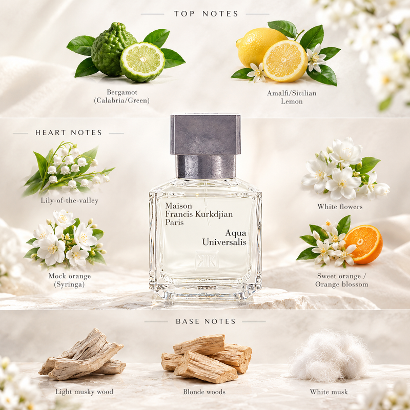 A perfume bottle labeled Maison Francis Kurkdjan Paris Aqua Universalis centered on a soft cream fabric background, surrounded by ingredient callouts for top notes (bergamot, ammal/Scallop lemon, lily of the valley, white flowers, mock orange, sweet orange), base notes (light minky wood, blonde woods, white musk), and the fragrance notes above and beside the bottle.