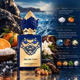 A perfume bottle labeled 'Sea my Love' by Stephane Humbert Lucal Paris, styled on a rocky beach with ocean water splashing behind it. The bottle is deep blue with a gold honeycomb heart design and a gold cap.