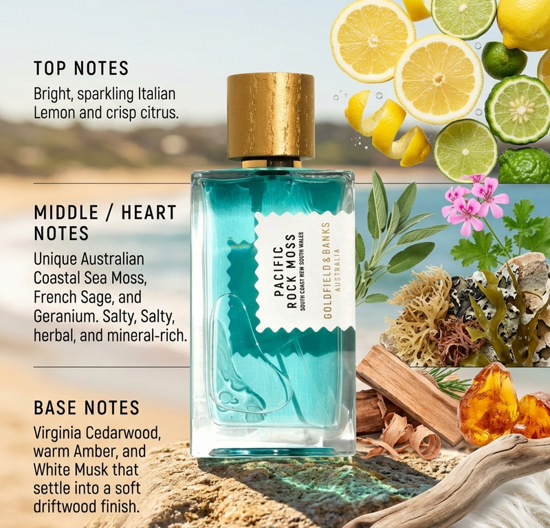 Goldfield And Banks Pacific Rock Moss Eau de Parfum Spray by Goldfield And Banks - front view of the unisex eau de parfum bottle
