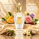 A perfume bottle labeled 'MOONLIGHT STUNN  LUA' is centered on a draped marble surface with fruit, flowers, and text reading top and base notes. The bottle is clear with a gold cap and gold label accents, surrounded by decorative fragrance-themed props.