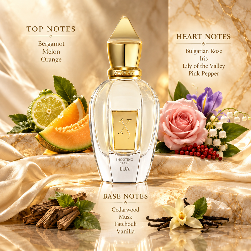 A perfume bottle labeled 'MOONLIGHT STUNN  LUA' is centered on a draped marble surface with fruit, flowers, and text reading top and base notes. The bottle is clear with a gold cap and gold label accents, surrounded by decorative fragrance-themed props.