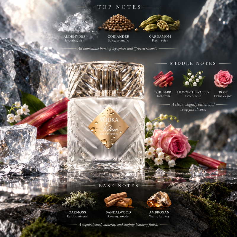 A clear glass perfume bottle with a faceted silver cap and a gold label reading 'UDKA Kithan' is centered over a moody, textured background. The image includes fragrance notes labeled Top, Middle, and Base Notes with ingredients like cardamom, rhubarb, oakmoss, sandalwood, and ambroxan, alongside ice cubes, moss, and pink roses.