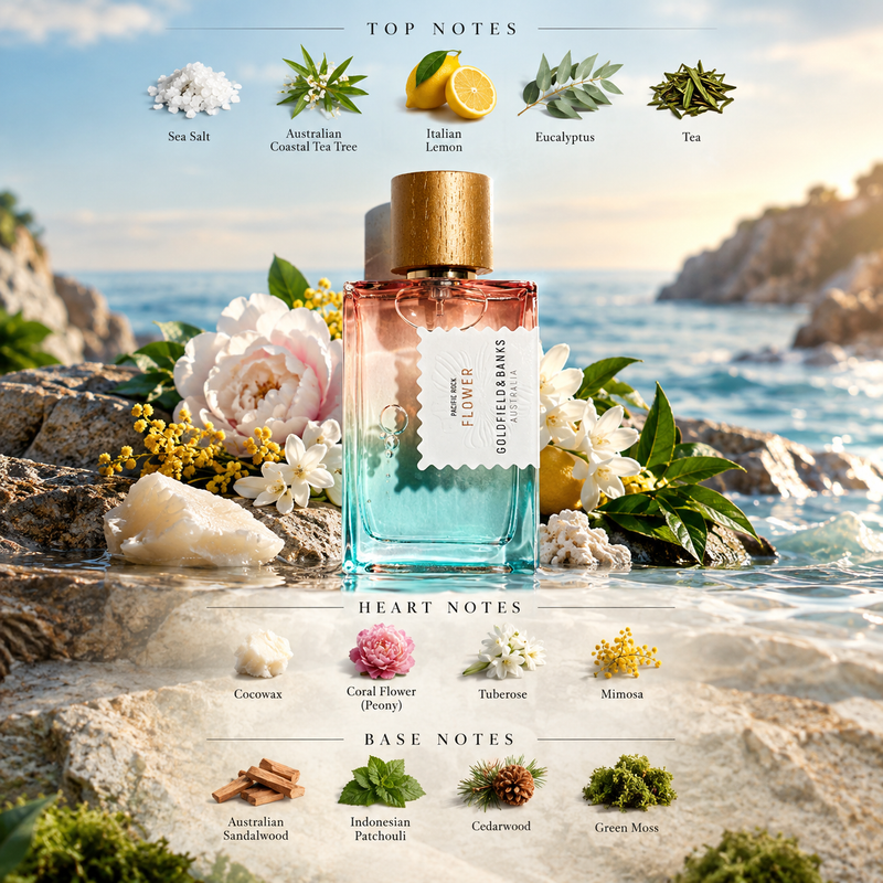 Goldfield And Banks Pacific Rock Flower Eau de Parfum Spray by Goldfield And Banks - front view of the unisex eau de parfum bottle