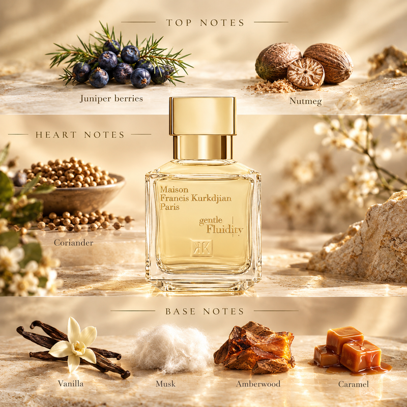 A perfume bottle labeled Maison Franois Kurkdjan Paris, gentle Fluidity, centered on a warm stone surface with ingredient illustrations and text above: juniper berries, nutmeg, coriander, vanilla, musk, amberwood, and caramel. This is not a real environment scene and functions as a styled product graphic, so Product/Packaging fits better than Lifestyle or Instruction Diagram.