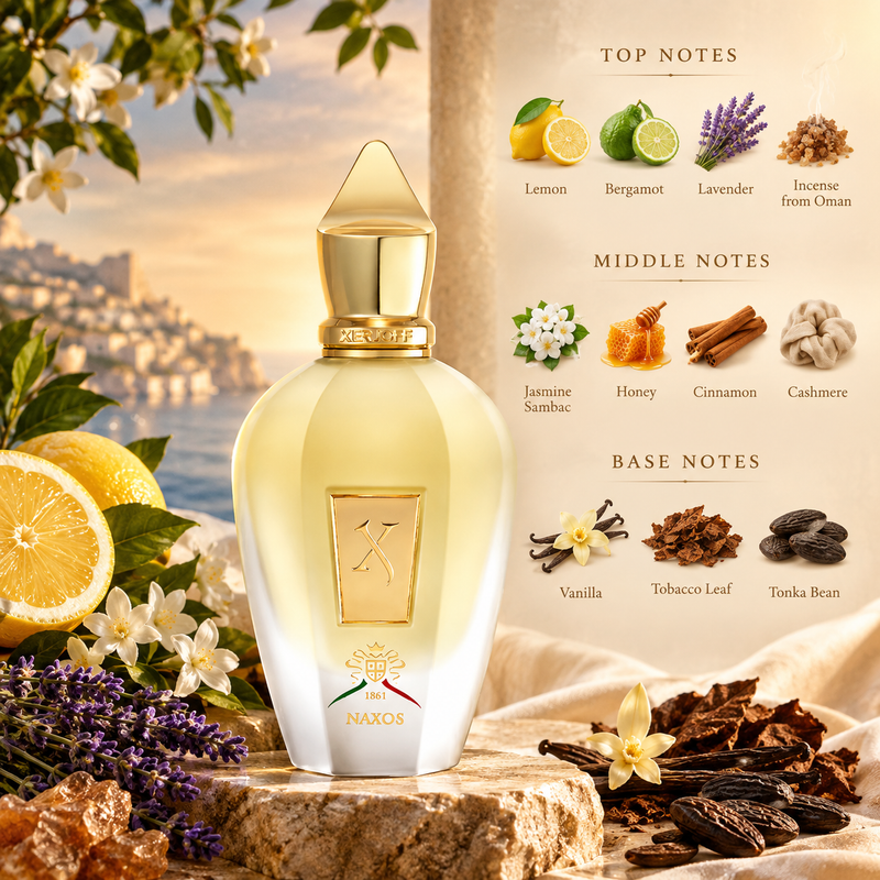 A Naxos perfume bottle with a gold cap and pale yellow liquid, displayed on a stone pedestal with citrus, lavender, and spices. To the right, a graphic panel lists the fragrance's top, middle, and base notes with corresponding illustrations.