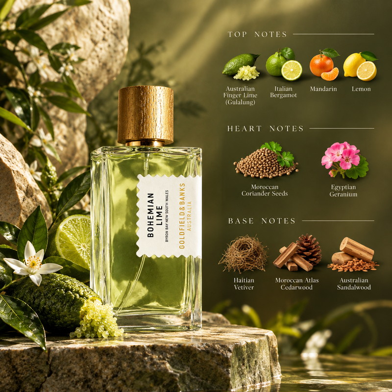 Goldfield And Banks Bohemian Lime Eau de Parfum Spray by Goldfield And Banks - front view of the unisex eau de parfum bottle