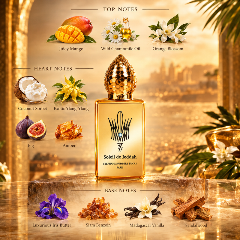 Stephane Humbert Lucas 777 Soleil de Jeddah Mango Kiss Eau de Parfum by Stephane Humbert Lucas - front view of the unisex eau de parfum bottle