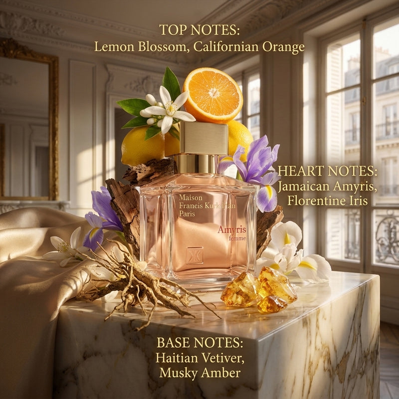 Maison Francis Kurkdjian Amyris Femme - Fragrance Notes Pyramid with Real Raw Ingredients