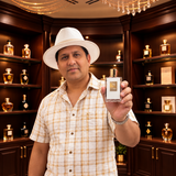 A man wearing a white fedora and a beige plaid shirt holds up a clear glass perfume bottle with a gold cap and a gold label. The background shows a dark wood cabinet display filled with other perfume bottles.