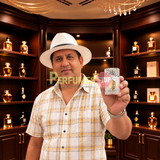 A man wearing a white fedora and a yellow-and-white plaid shirt holds up a small silver perfume bottle with a gold label in front of a dark wood display cabinet filled with other perfume bottles.