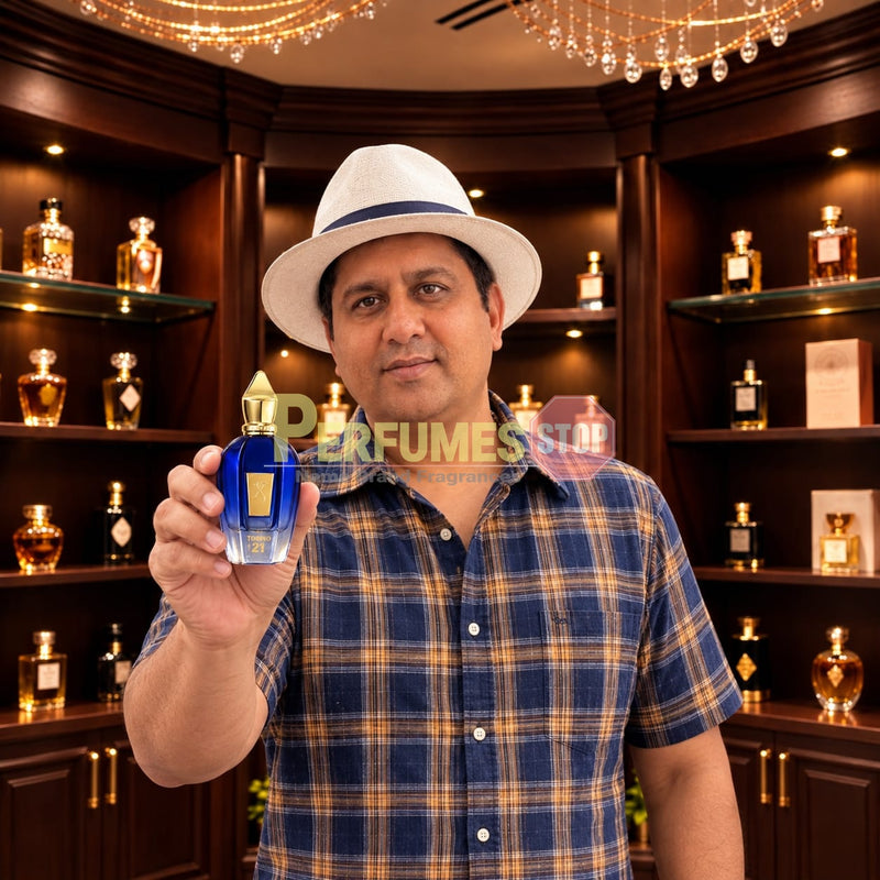 A man wearing a white fedora hat and a blue and yellow plaid shirt holds up a blue perfume bottle with a gold cap in front of a dark wood shelf display filled with other perfume bottles.