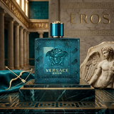 Versace Eros Eau de Toilette blue perfume bottle with gold cap and Medusa emblem displayed on a luxurious table.