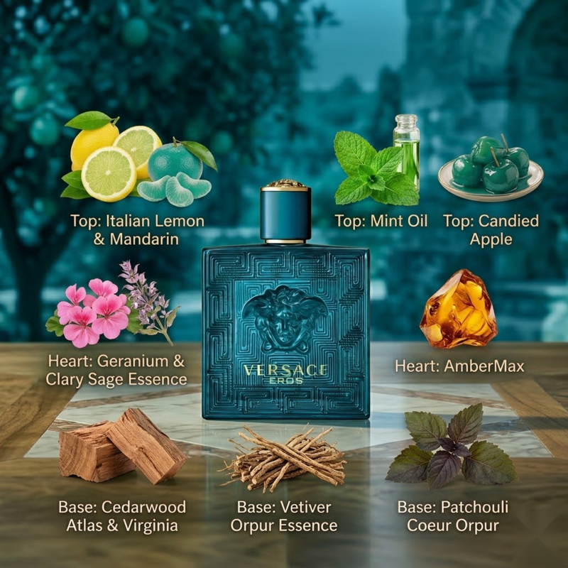 Versace Eros Eau de Toilette perfume bottle surrounded by its fragrance notes, including Italian lemon, mint, green apple, geranium, tonka bean, vanilla and cedarwood.